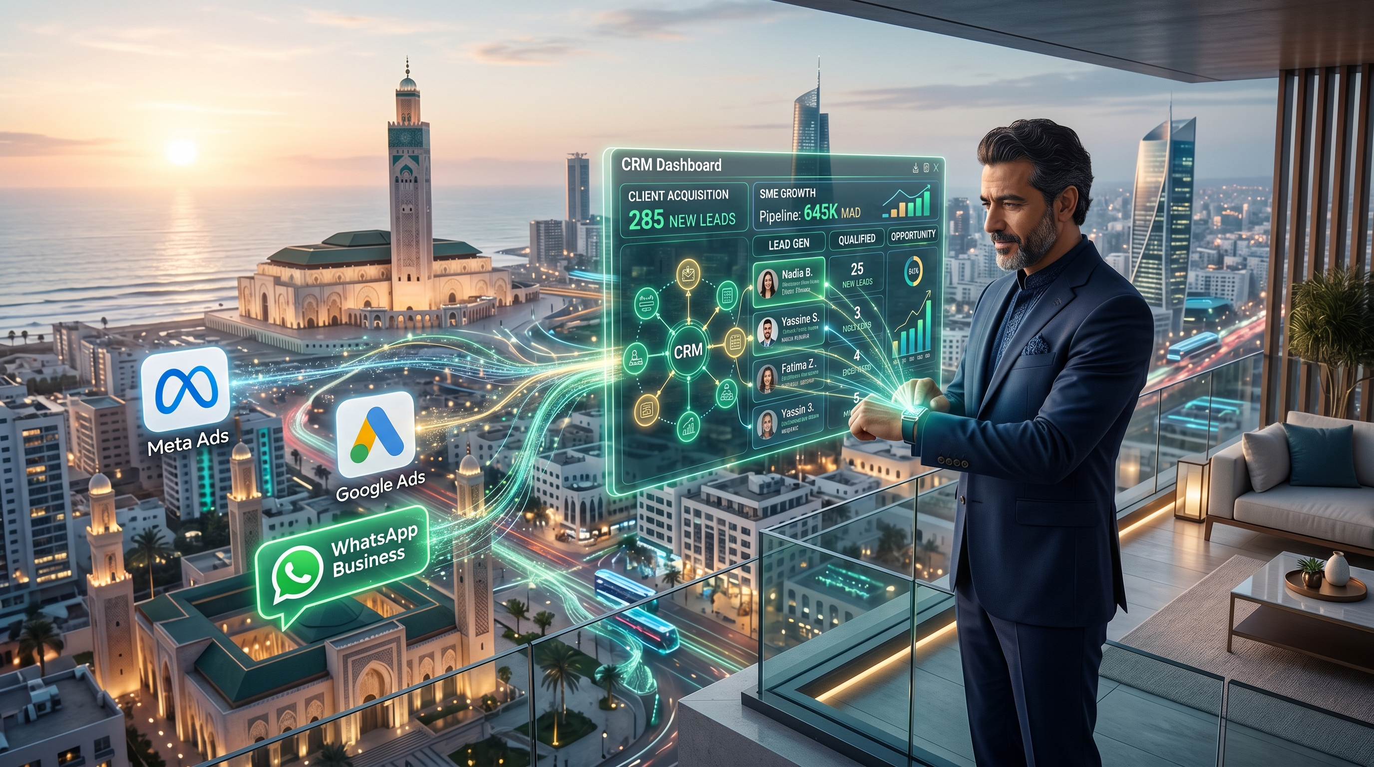 Représentation futuriste de l'acquisition client automatisée par IA pour les PME marocaines en 2025. Un entrepreneur marocain observe des flux de données et des interfaces holographiques de Meta Ads et Google Ads se transformant en leads qualifiés. L'IA et l'automatisation sont les moteurs invisibles d'une croissance business rapide au Maroc. Lumière du lever du soleil sur une Casablanca futuriste, ambiance cinématographique et high-tech.