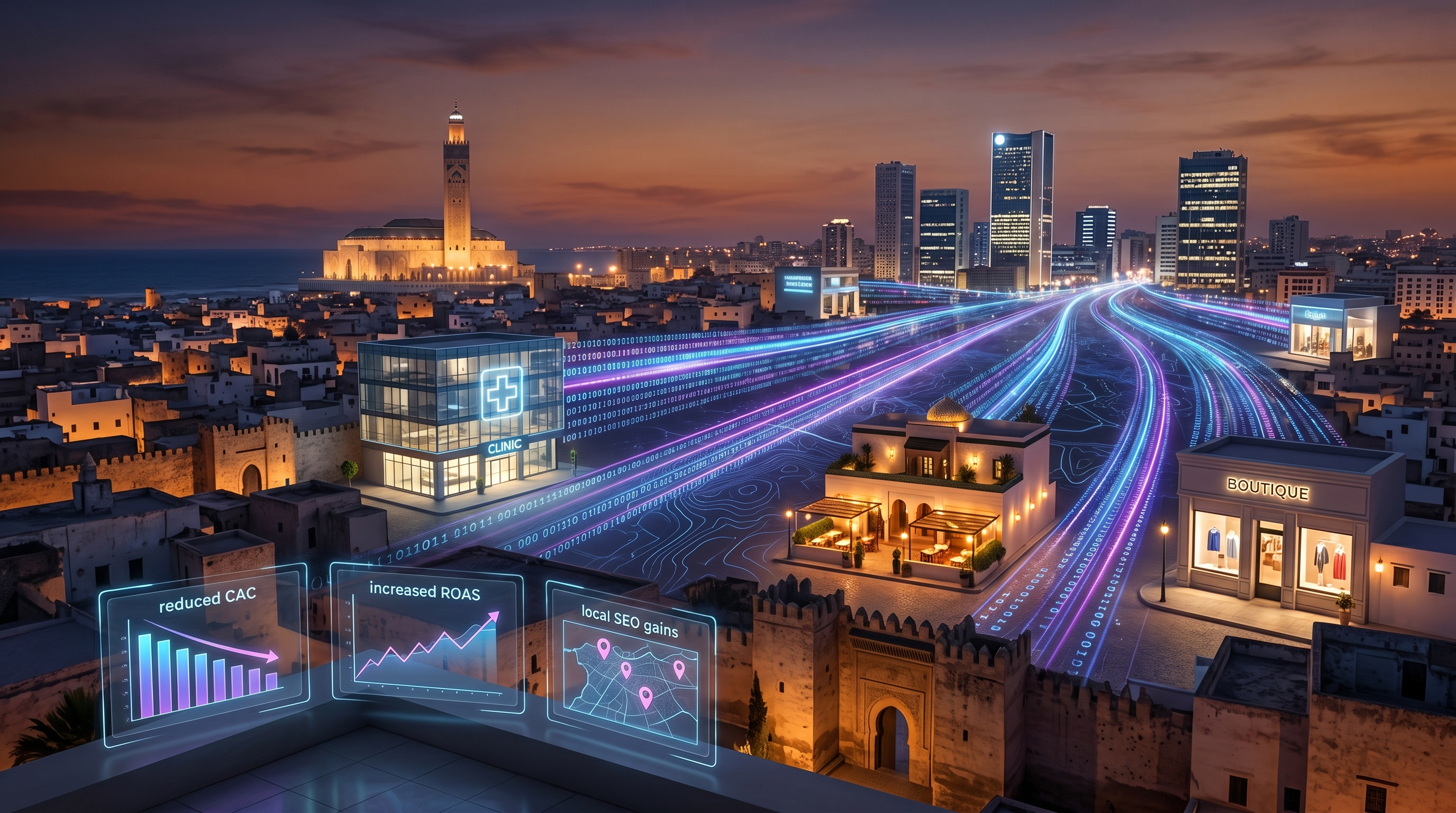Illustration futuriste du paysage urbain marocain (Casablanca/Marrakech) avec des flux de données digitaux représentant le SEO local et la géolocalisation, convergeant vers des entreprises PME lumineuses.