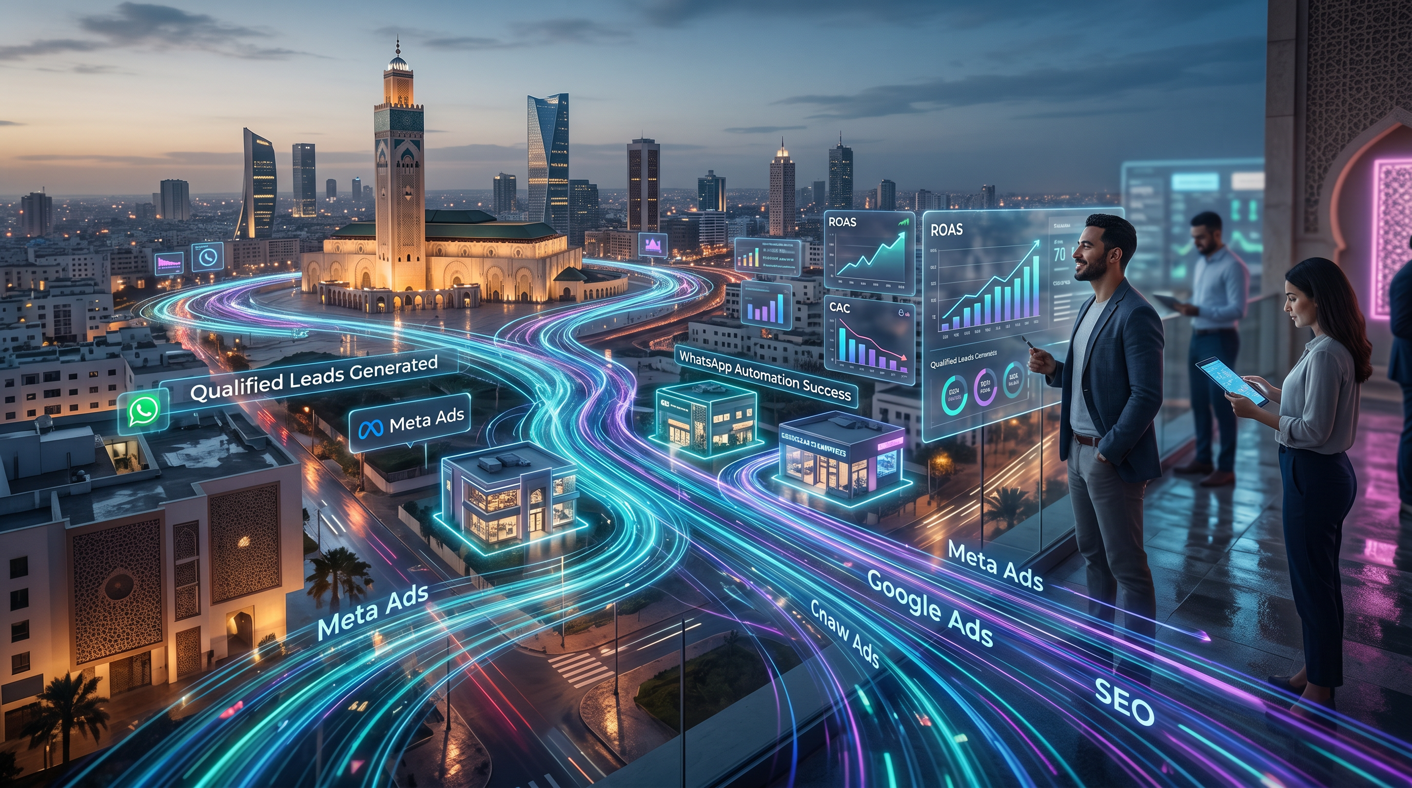 Visualisation cinématographique de l'acquisition client digitale au Maroc en 2025, avec des hologrammes de data analytics, des flux de leads s'écoulant vers des PME marocaines stylisées dans un paysage urbain futuriste de Casablanca, sous une lumière néon bleue et violette. L'image évoque la technologie, la croissance et la précision stratégique.